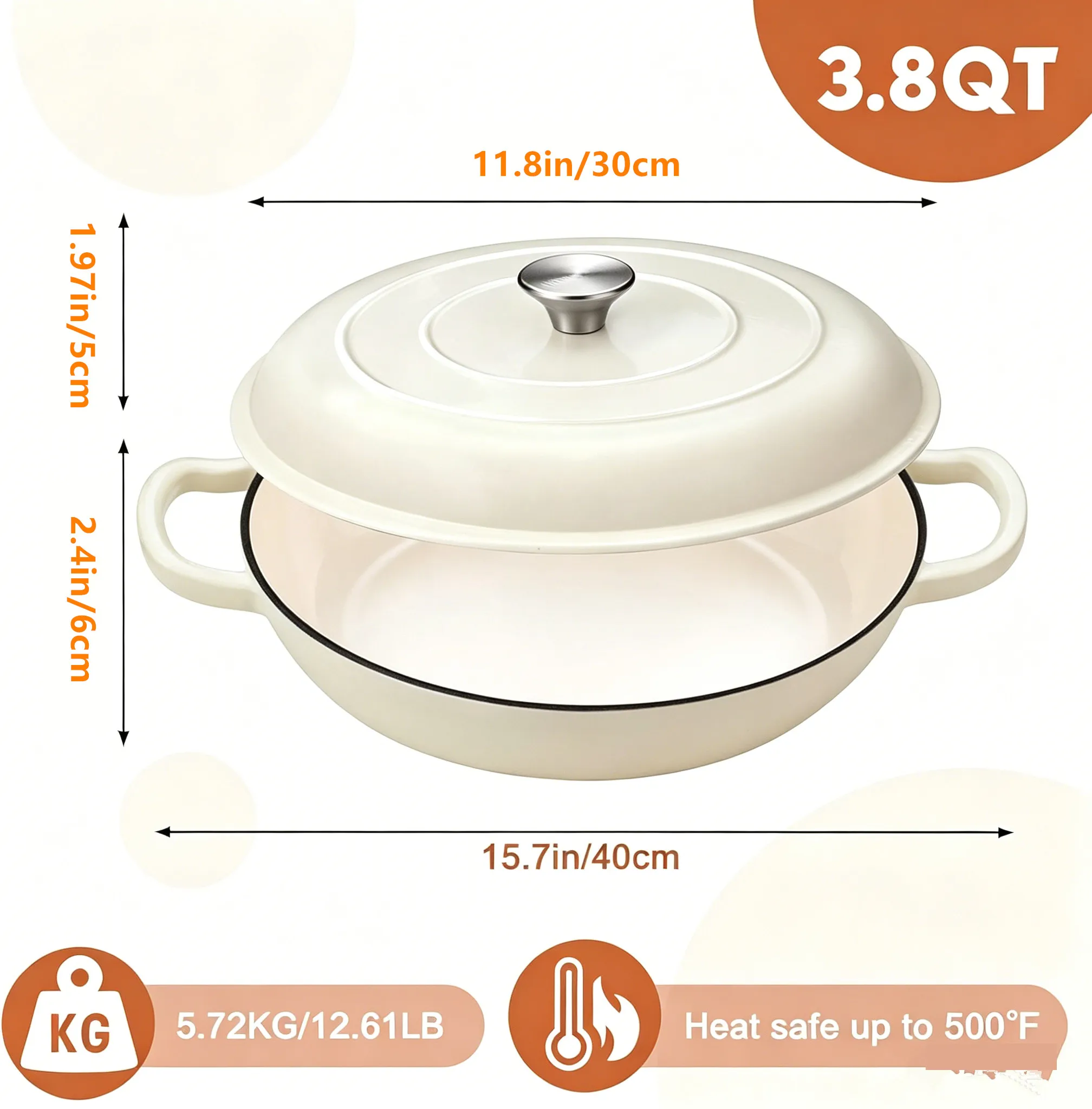 Enameled Cast Iron Dutch Oven 30cm Braiser for Braising Broiling Bread Seafood Cast Iron Braising Pan 3.8 Quart Casserole Dish