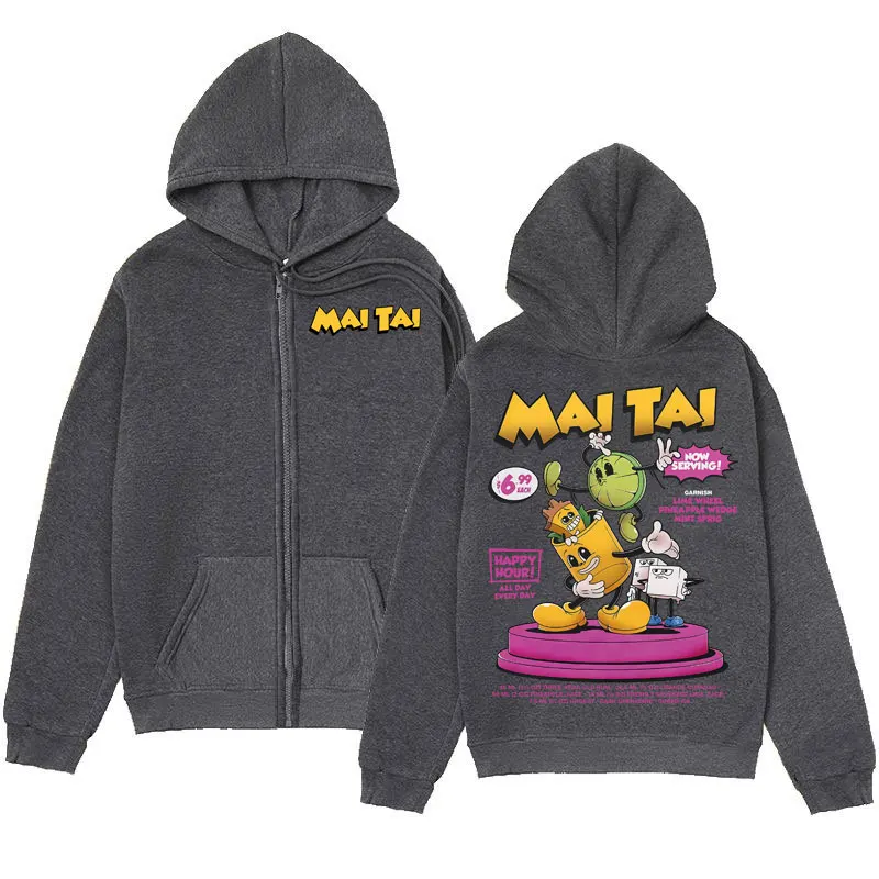 Mai Tai Cocktail Funny Meme Graphic Zipper Hoodie Men Women Clothing Fashion Y2k Zip Up Pullovers Casual Loose Hooded Sweatshirt