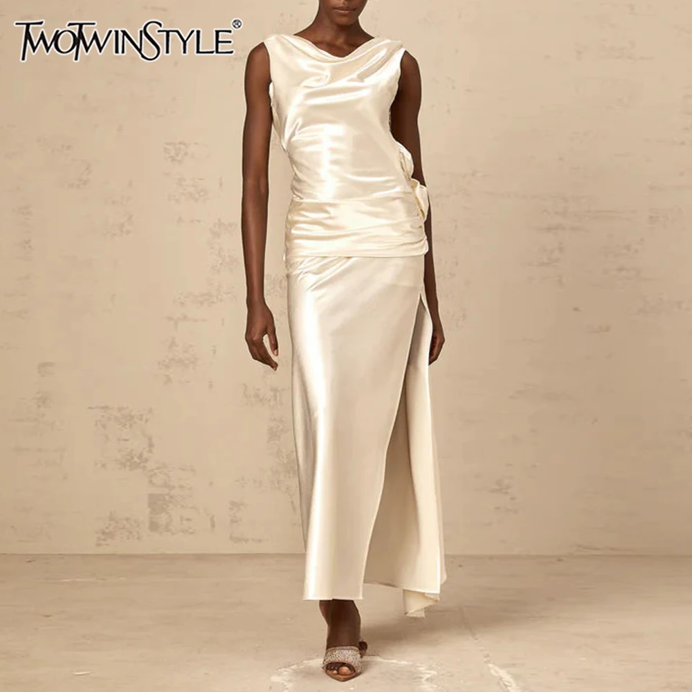 

TWOTWINSTYLE однотонные платья с разрезом в виде 3D цветов для женщин, лоскутное платье без рукавов со складками и открытой спиной, женское новое платье