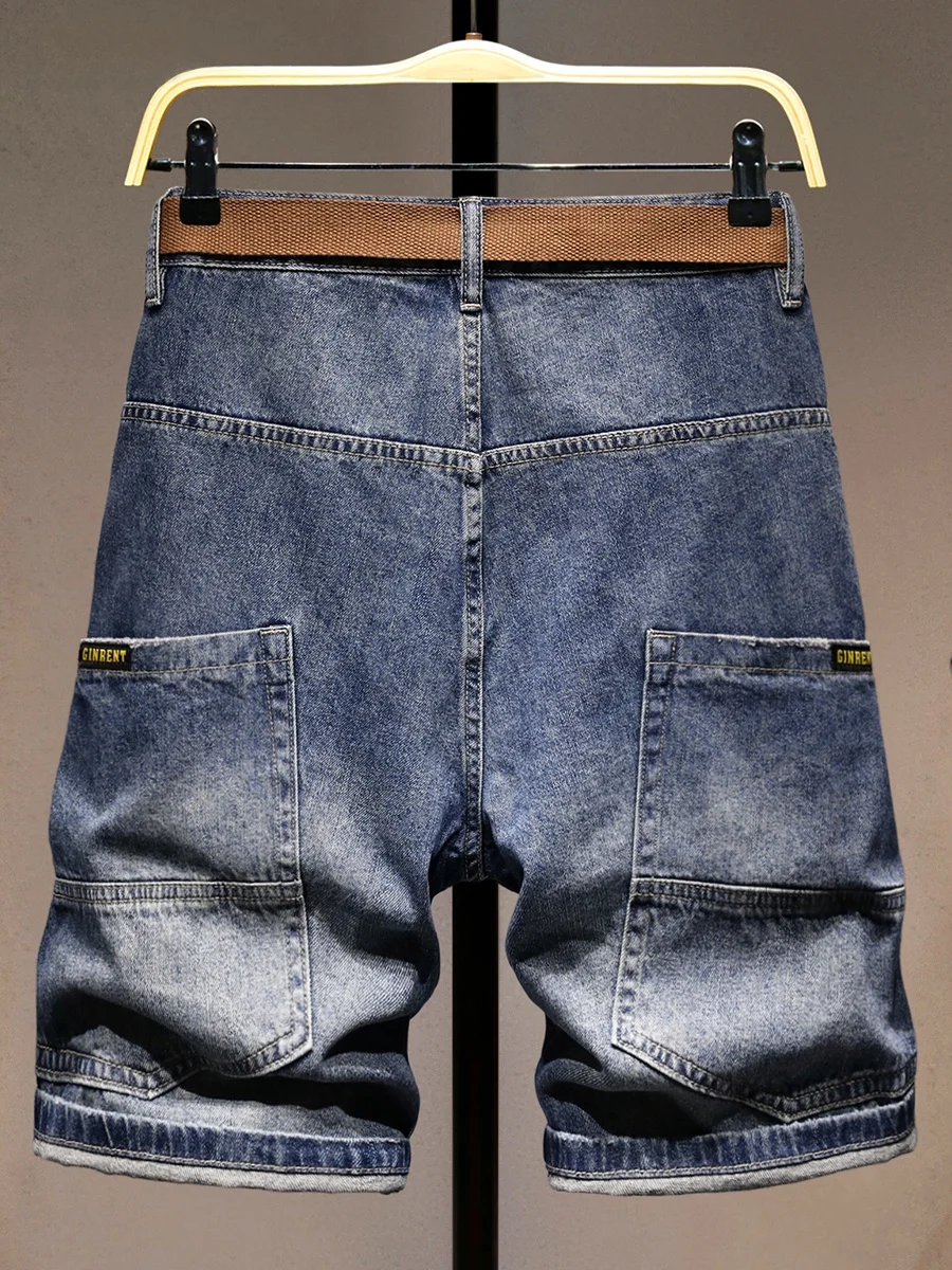 

American Retro Large ket Denim orts Men Summer Loose Straight Knee-Length Mid-Pants Youth Trendy Versatile Pants