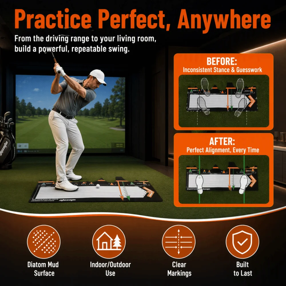 Diatom Mud Surface Golf Training Mat Black‑white Main Body 30 × 67 cm Golf Swing Mat Printed Position Markings