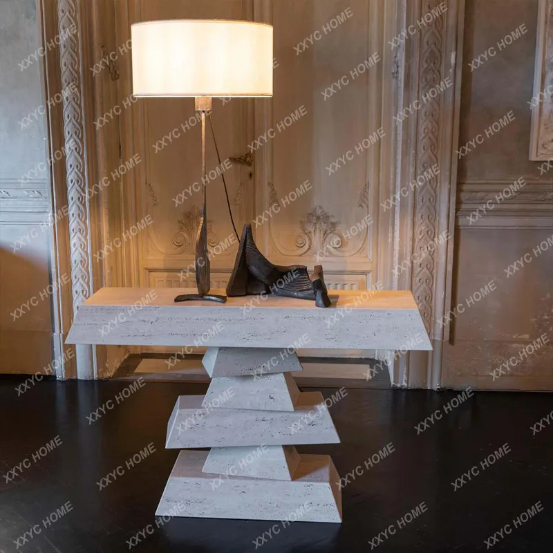 Wabi Sandy Wind Natural Marble Travertine Entrance Table Hotel Lobby Aisle Against the Wall Art Entrance Table Case