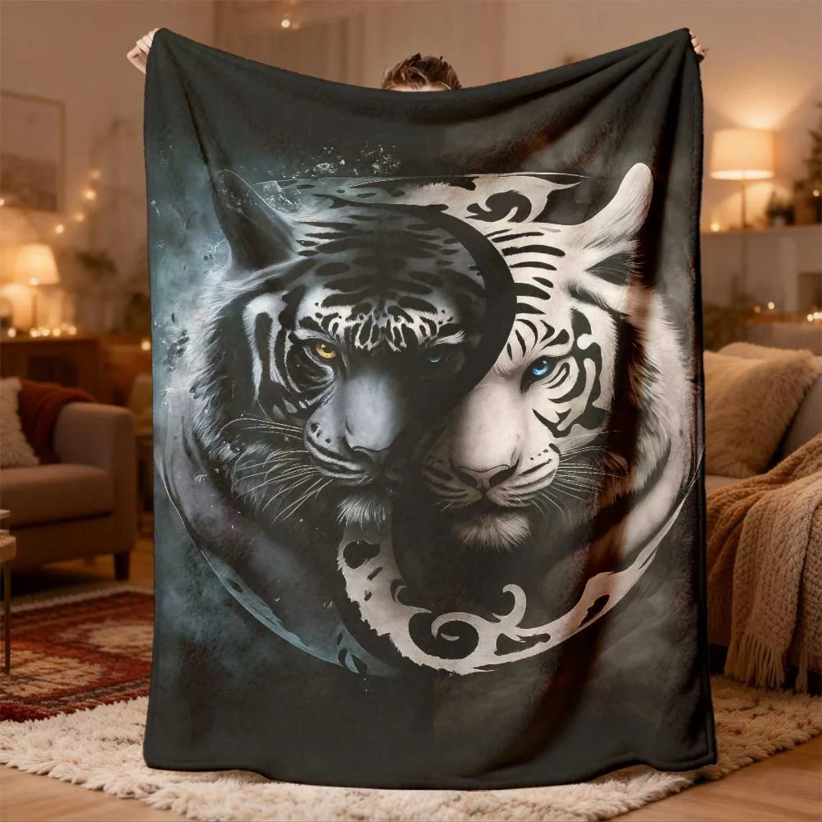 Dramatic Monochrome Tiger Print Throw Blanket Decorative Home Decor Couch Rug 150x200cm Jungle Style