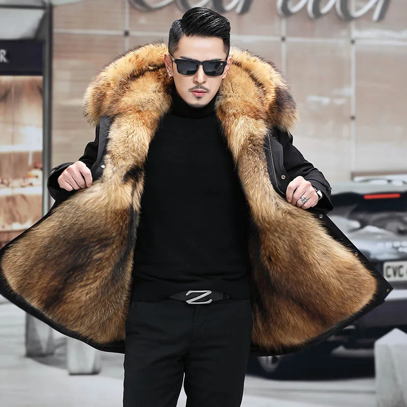 Men's Mid-Length Fur Coat Winter Outdoor Warmth Resistance Cold Proofing Leather Jacket Casual Loose Fit Tannery Leather
