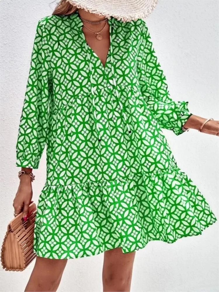 Abbigliamento casual Boho per le vacanze Mini abito con stampa floreale per donna Scollo a V Manica a 3/4 Abito ampio Abiti da festa eleganti estivi Donna