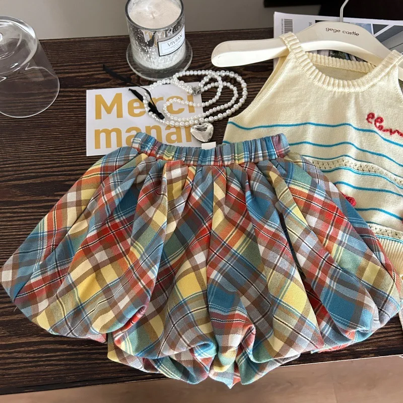 الفتيات مجموعة 2025 صيف جديد ملابس أطفال الكورية نمط طفلة محبوك التطريز نصف سترة جراب السراويل قطعتين عادية #2