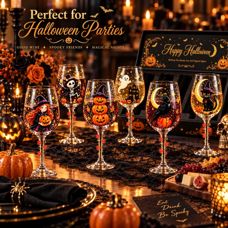 Halloween Wine Glass Sticker Design Witch Pumpkin Ghost Black Cat Stemmed Goblet Spooky Party Drinkware Holiday Decor