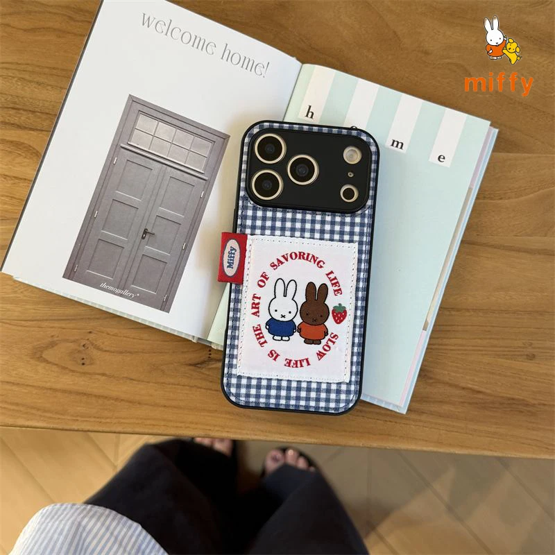 

Cute Miffy Phone Shell Suitable for Iphone 17 16 15 14 Creative White Blue Checkered High Quality Anti Drop Phone Case Girl Gift