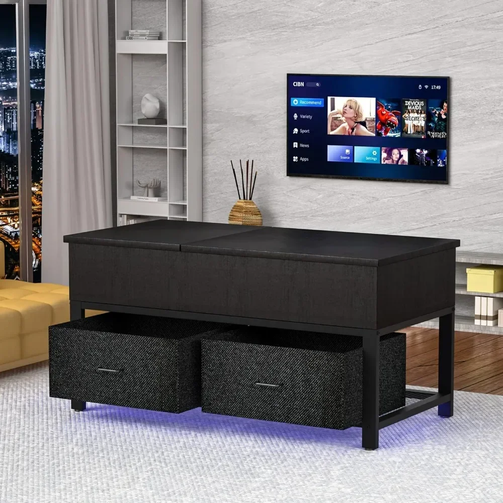 Lift Top Coffee Table With Storage for Living Room LED Furniture 39.4” Coffe Table Set Black Corner Coffee Tables Luxury Design