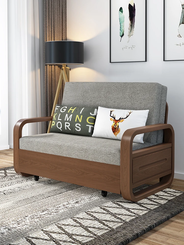 Solid wood sofa bed, push-pull multifunctional, single person small unit type, as a bed sofa