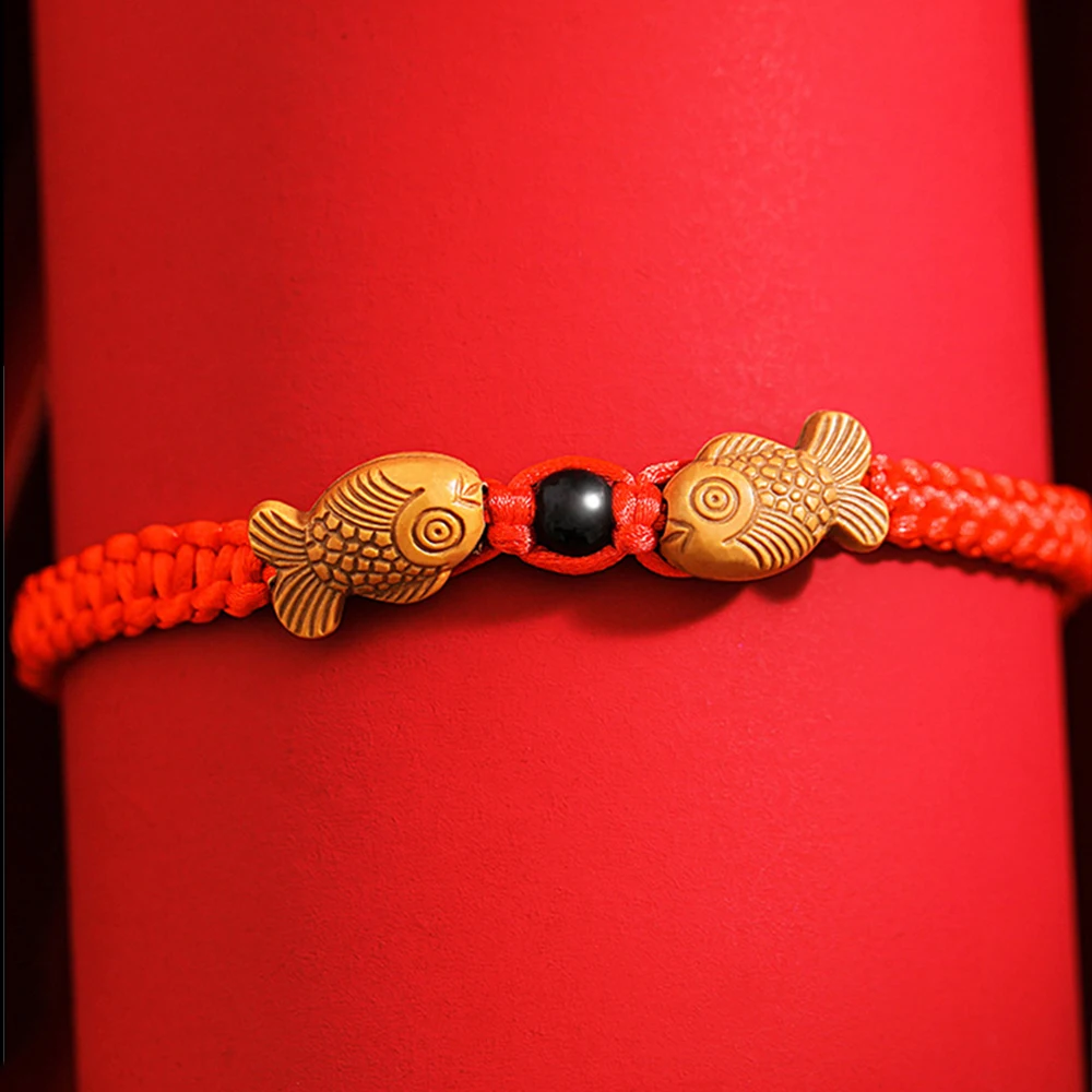 Feng Shui Red String Double Fish Lucky Wooden Twin Charm Bracelet Red Thread For Good Luck Wealth Handmade Chinese Jewelry