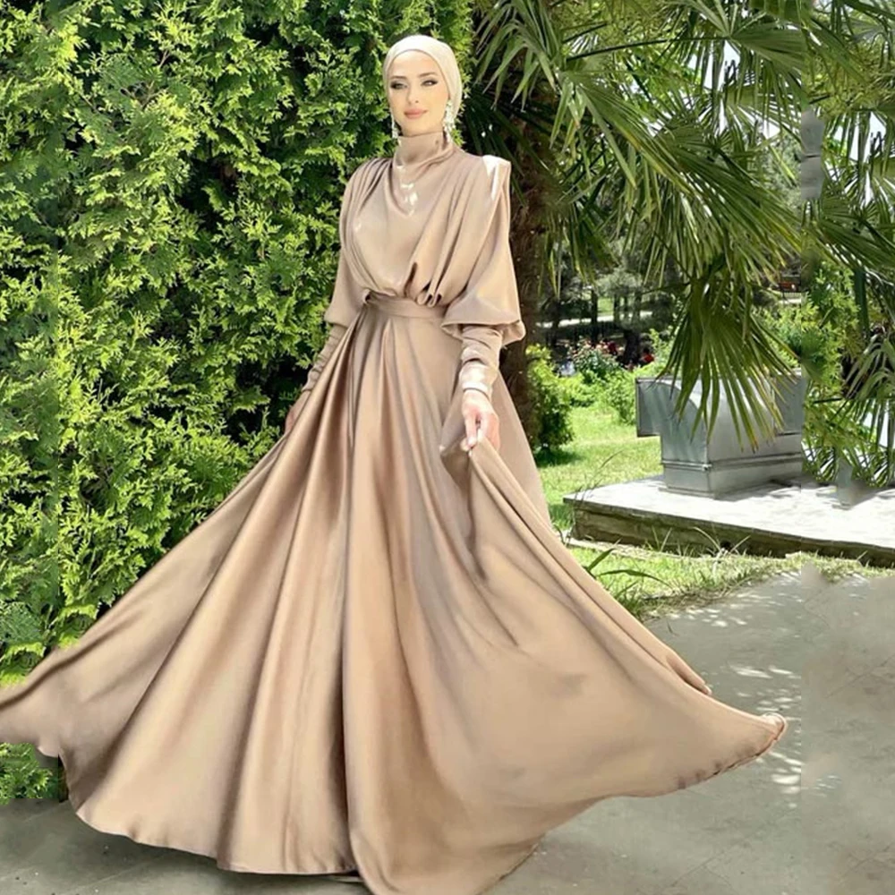 

Champagne Evening Dresses For Women High Collar Full Sleeves Formal Prom Gowns A-Line Sweep Train Satin فساتين سهره فاخرة طويلة