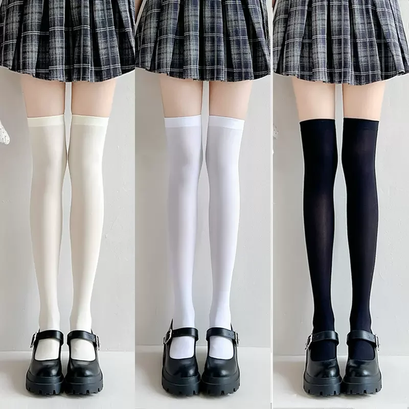 Women Stockings Solid Color Black White Long Socks Thigh High Stockings Japanese Style Knee High Socks Thigh High Socks Stocking