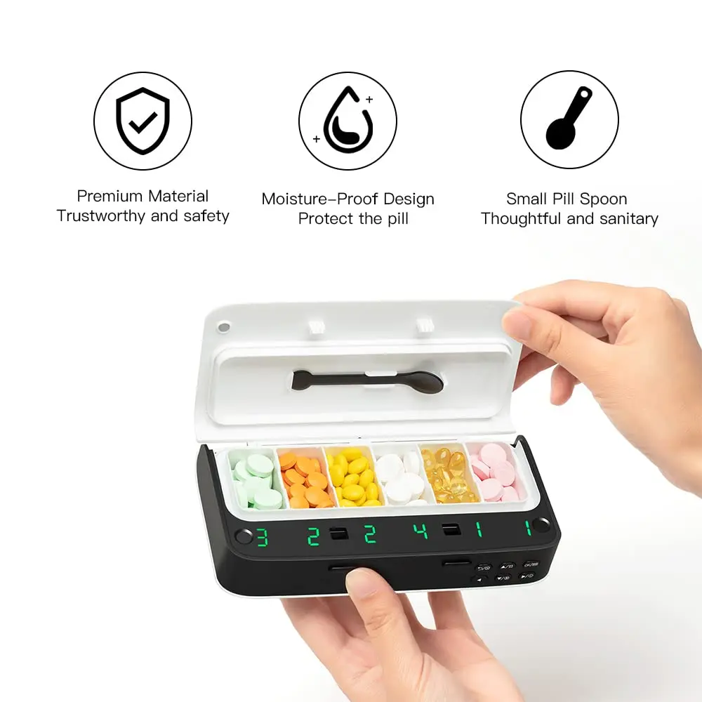 Mini Smart Pill Organizer Plastic Box Electronic Pill Reminder Digital Pill Box 7 Alarms Per Day Button Operation Medicine Spoon