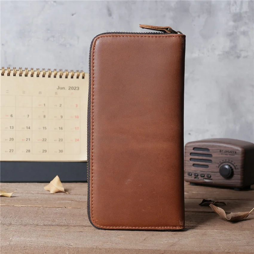 1098 Male and Female Crazy Horse Leather Long Wallet, Genuine Leather, Pure Top Layer Cowhide, Retro Wallet