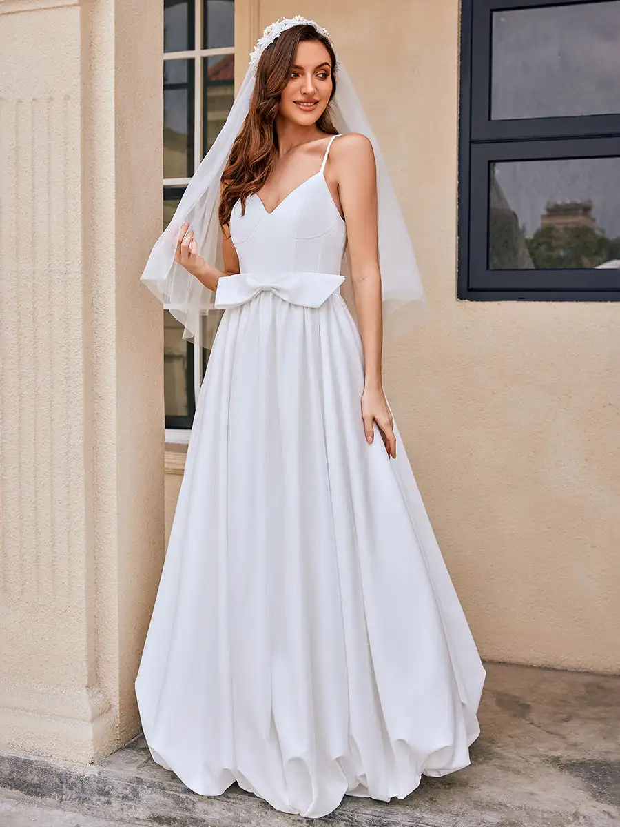 

BAZIIINGAAA V-Neck Spaghetti Strap A-Line Floor-Length Wedding Dress with Bowknot Wedding Dress