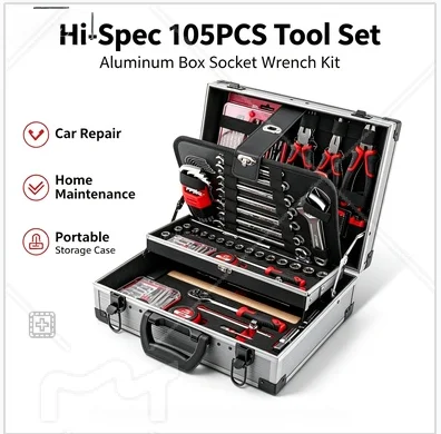 Hi-Spec 105PCS Tool Set, Aluminum Box Socket Wrench Kit, Car Repair Home Maintenance Combination Hardware Tool Box