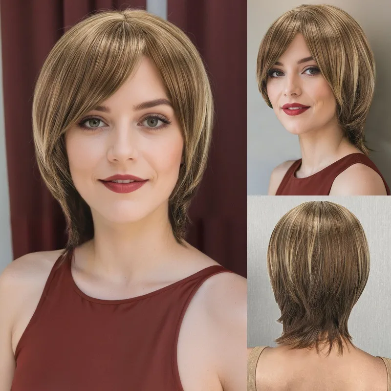 

Women's Wig Short Straight Brown Wig Ladies Synthetic Hair Wig+Wig Cap