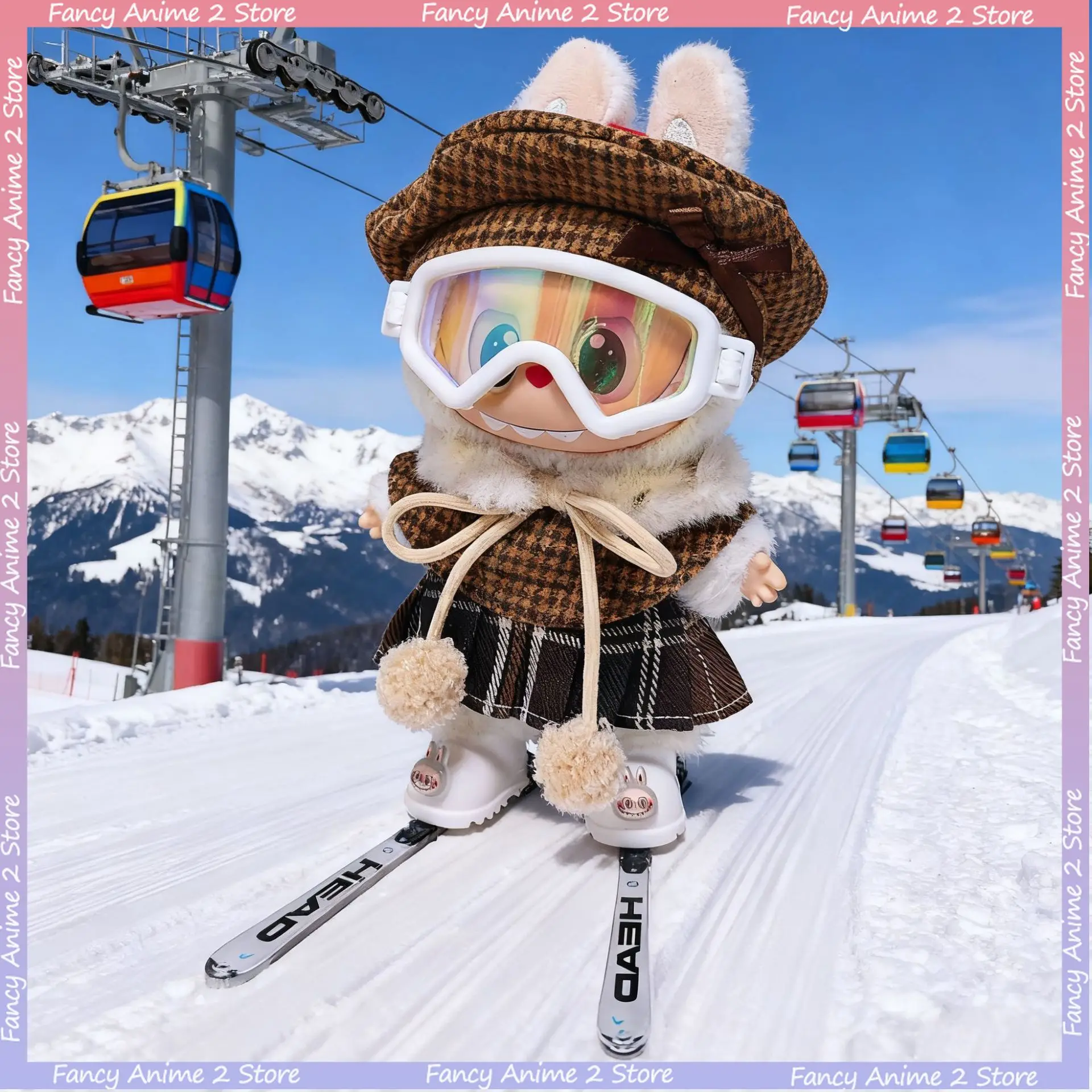 

Комплект лыжной одежды Labubu 15-17 см, зимняя накидка, юбка, шапка, лыжи и очки, лыжная одежда для мини-плюшевой куклы, аксессуары для одежды