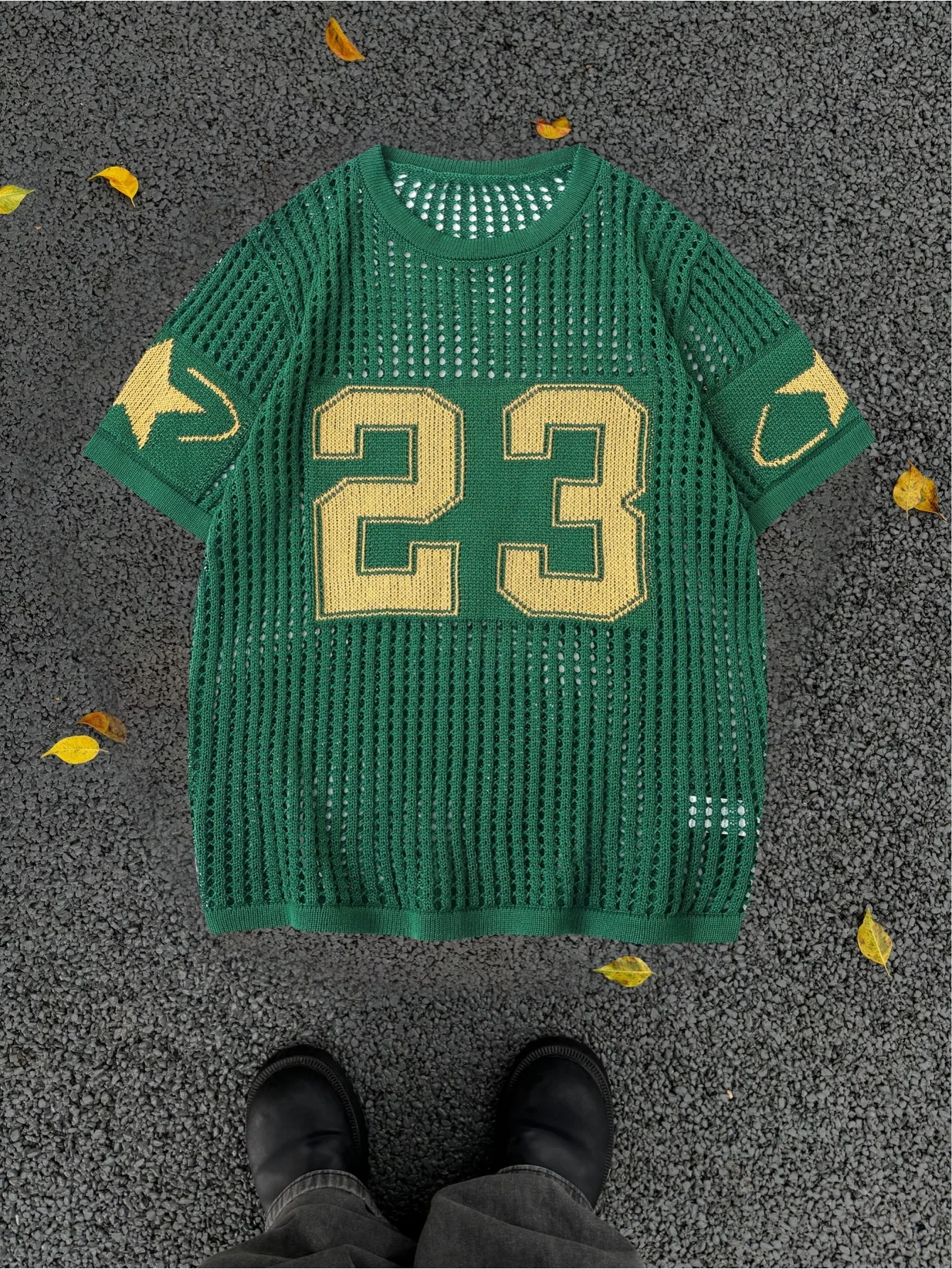 Men Hollow Out Short Sleeve Knit Sweater Loose Fit 23 Number Print Knit T‑Shirt 100% Polyester Streetwear Pullover S‑XL
