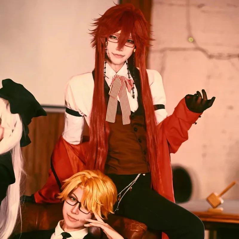 Black Butler Grell Sutcliff Michaelis Cosplay Costume Wig Uniforms Anime Cosplay Halloween Party Unisex Fancy Red Suit Glasses