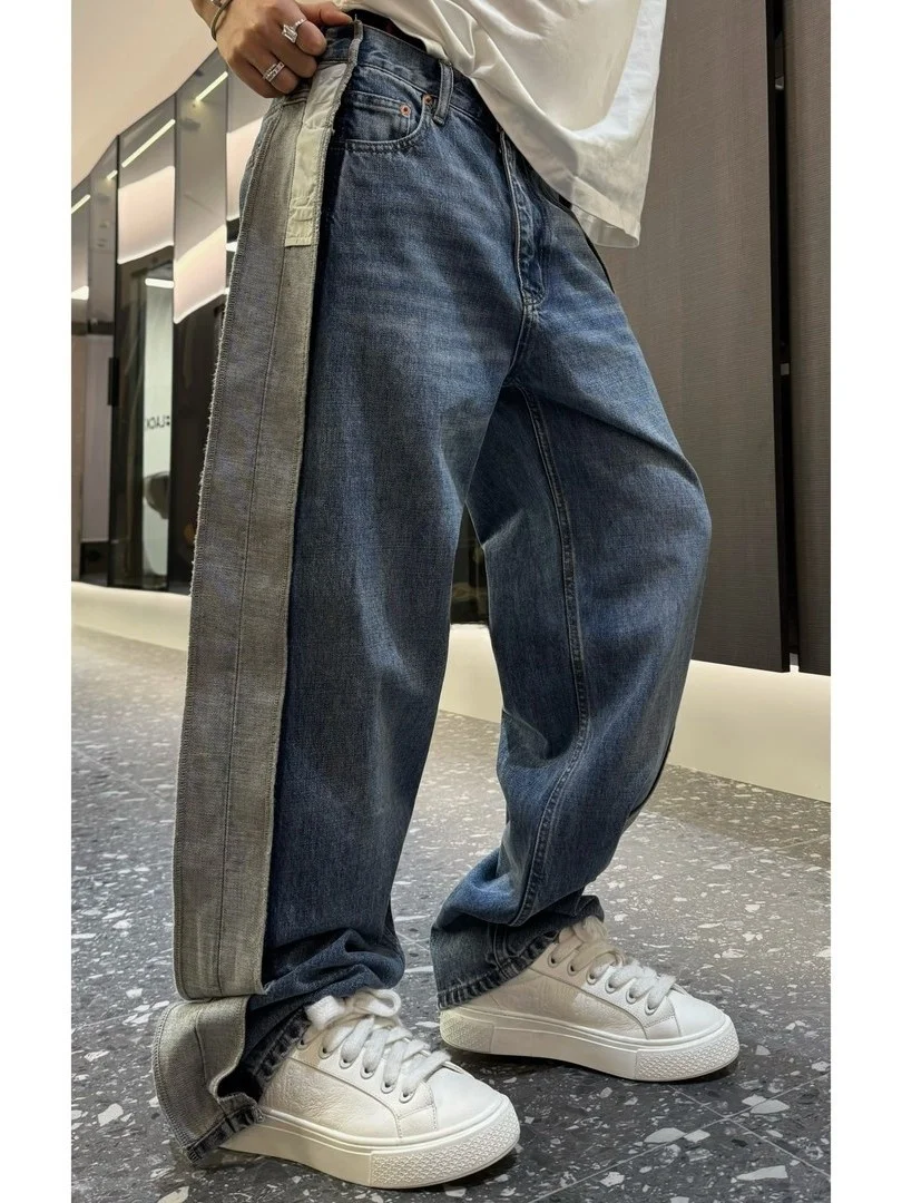 

Мужские джинсы из денима в стиле ретро, весенняя новинка, модные, с цветными вставками, свободного прямого кроя, в американском повседневном стиле, длинные брюки