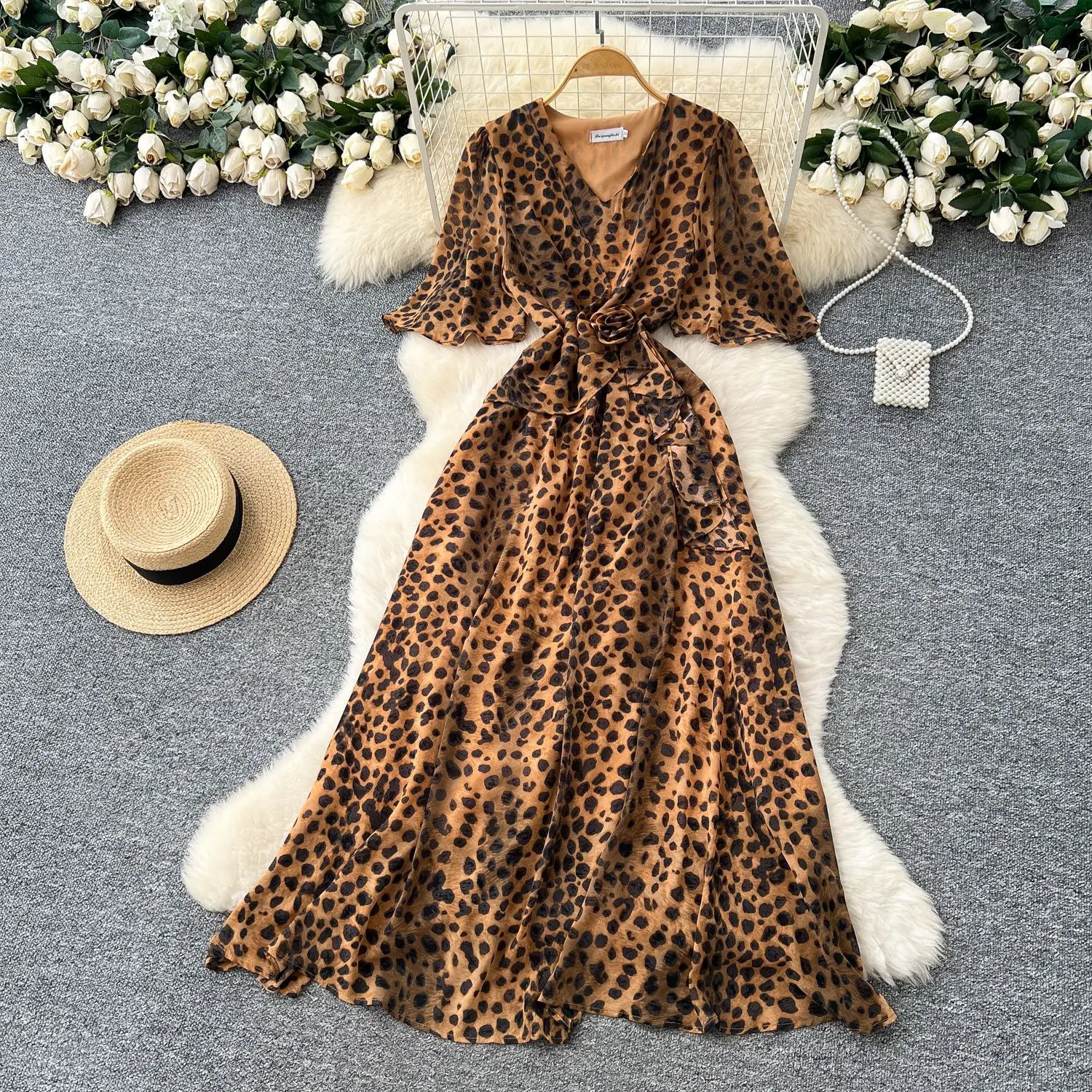 Abiti leopardati con stampa donna maniche a farfalla scollo a V abito lungo skinny casual slim fit Y2k streetwear abiti estivi per feste