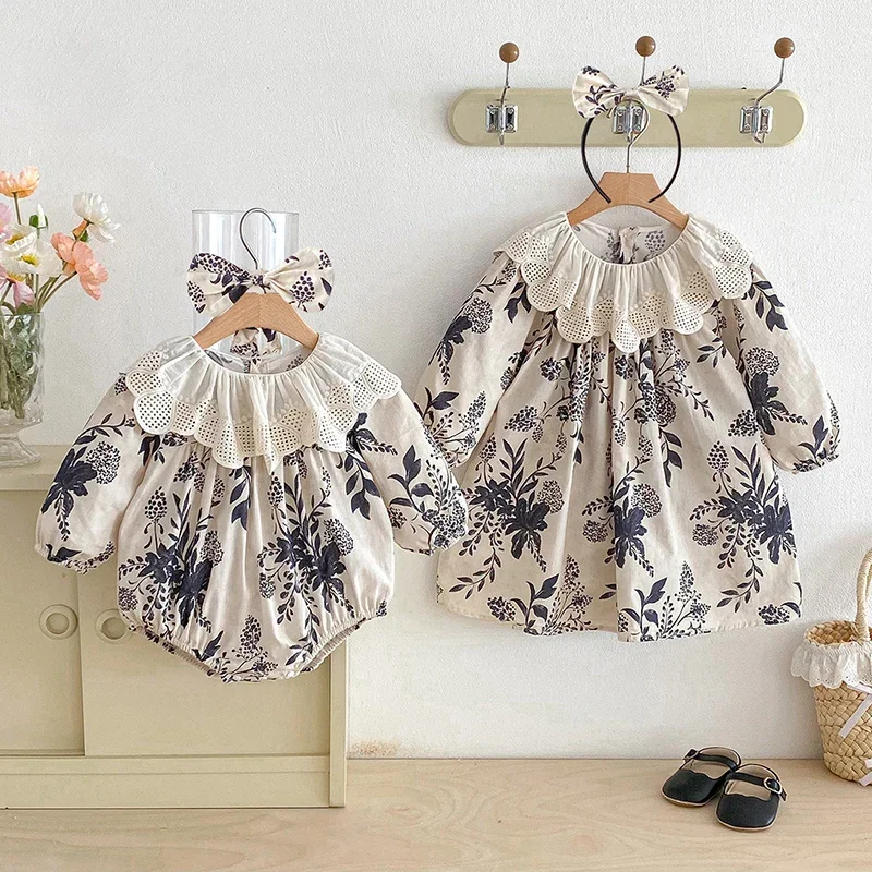 2026 New Spring 2-7Yrs Girl Party Dress Kids Princess Dresses Long Sleeved Cotton Print Baby Girl Romper Sister Clothes