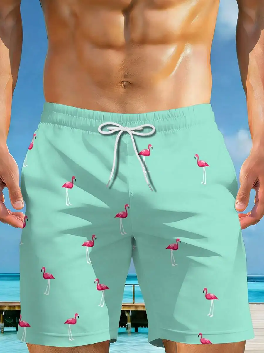 Shorts de Playa para Hombre con Estampado Tropical de Flamencos, Secado Rápido, Color Verde Menta, Traje de Baño para Vacaciones de Verano