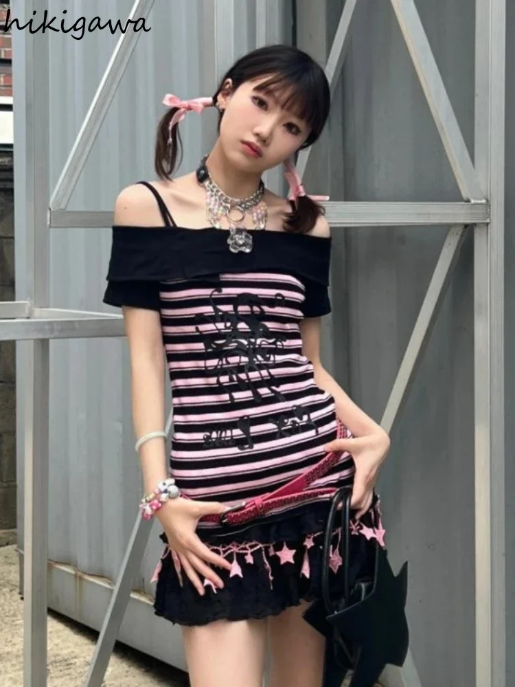 Slash Neck Striped Woman Tshirts 2023 Ropa Mujer Crop Tops Print Striped Tunic Tees Chic Summer Tees Casual Korean Y2k T Shirt