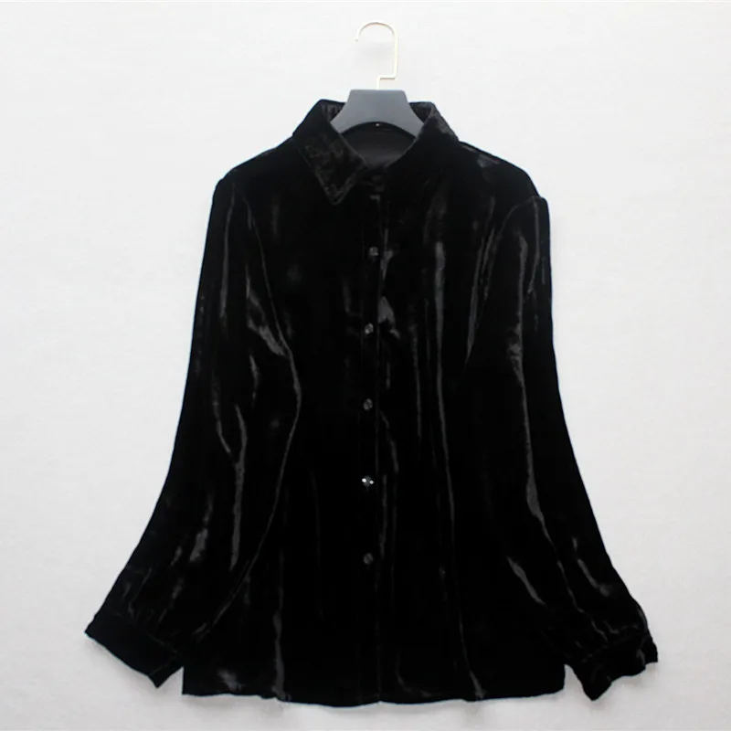 2023 Autumn new heavy real silk velvet long-sleeved shirt women\'s black 100% mulberry silk velvet button top cardigan