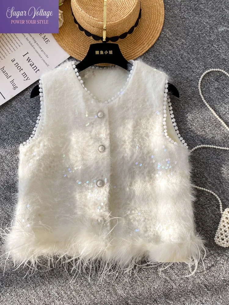 

Elegant Sequin Pearl Faux Fur Vest Women Autumn Winter Sleeveless Knit Waistcoat Chic Shiny Layered Outfit Gentle Fairy Style