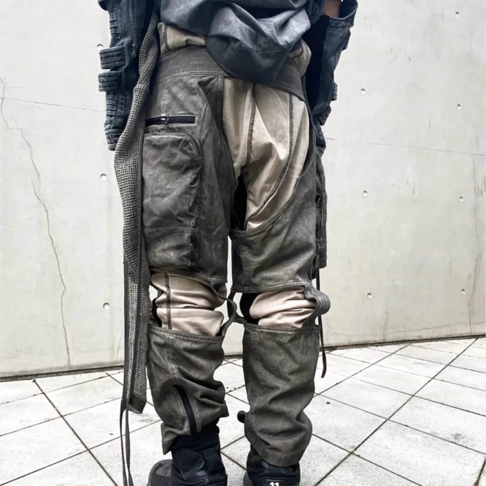 Dark Avant Garde Style Wasteland Techwear Pants Hollow-out Asymmetric Dyed Distressed Overalls Men's Trousers