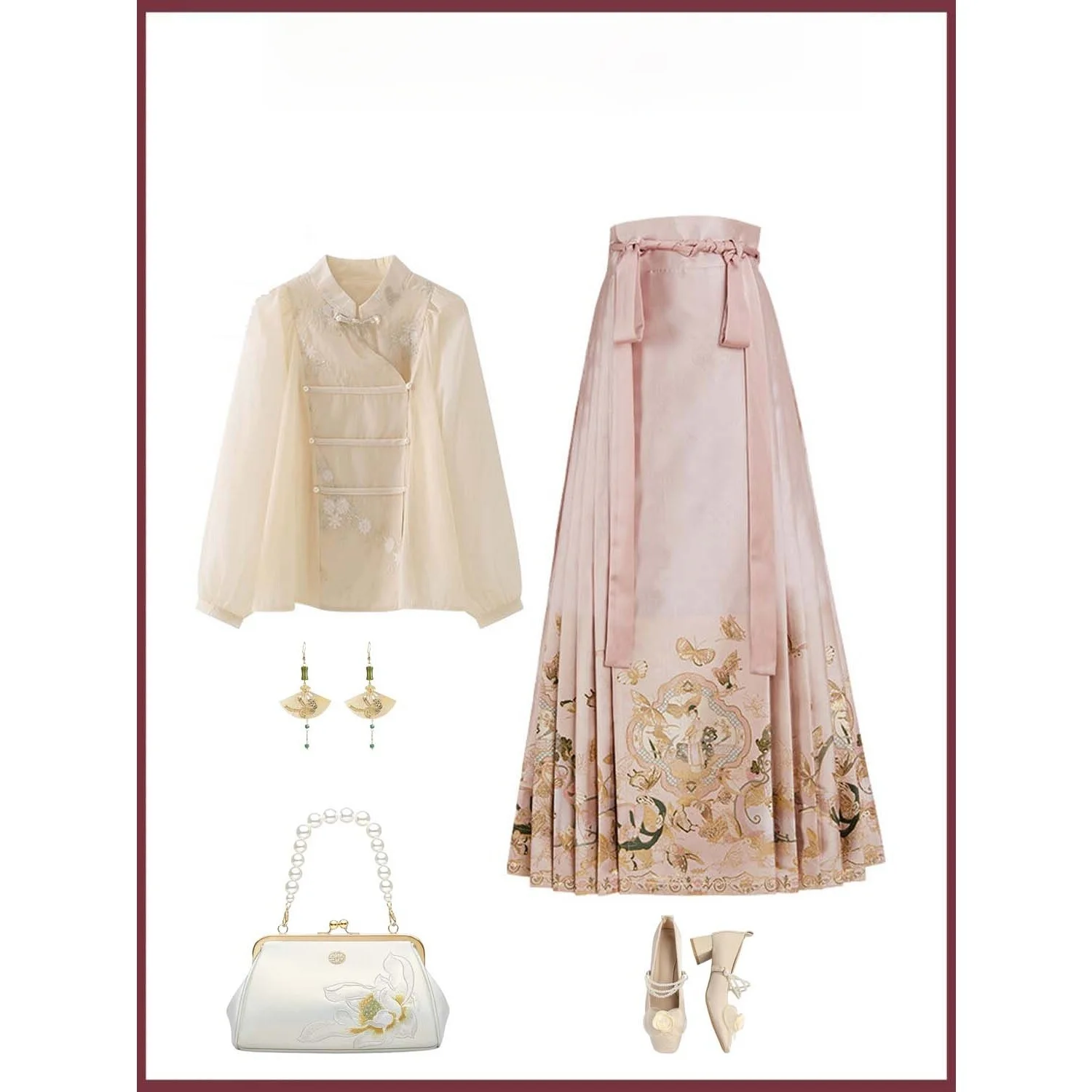 

New Chinese Sle Faionable Women's Hanfu irt Top Set Spring New Design Sensation Improved Ma Face Skirt Ensemble