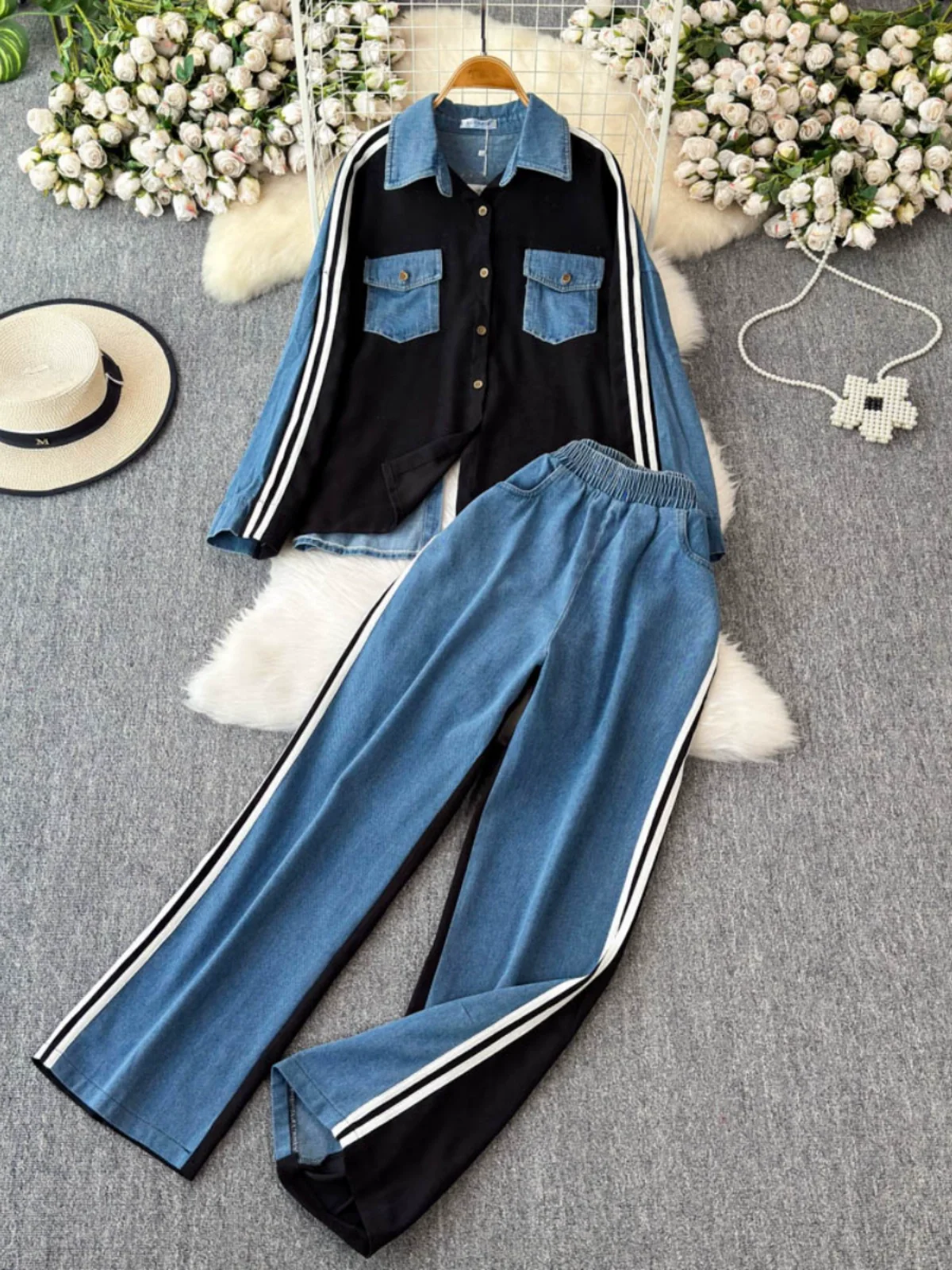 Korean Version Casual Denim Suit 2025 New Fashion Lapel Long Sleeve Splicing Top Wide Leg Pants Two Piece Sets Womens Outifits