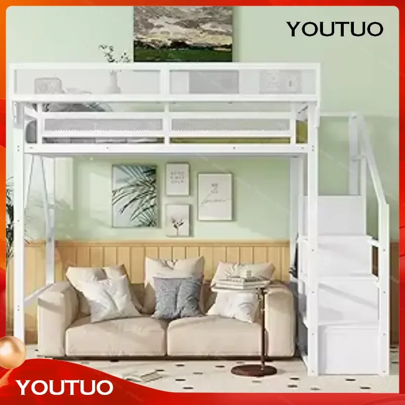 Full Size Metal Loft Bed Frame with Stairs Bedside Shelf and Large Under-Bed Storage Space Heavy-Duty