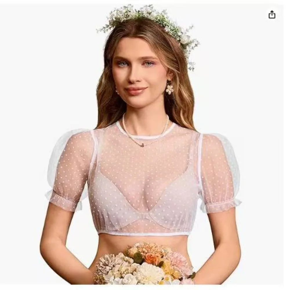 Image of Transparentes Mesh-Oktoberfest-Crop-Top mit Polka Dots, kurz geschnittene Dirndl-Bluse, leichtes Mesh-Unterhemd mit Rundhalsausschnitt für Bühnenauftritte