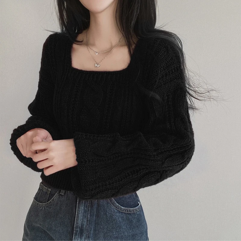Maglieria con maniche a lanterna da donna nuova autunno/inverno elegante maglione pullover con collo quadrato tinta unita maglione casual a maniche lunghe