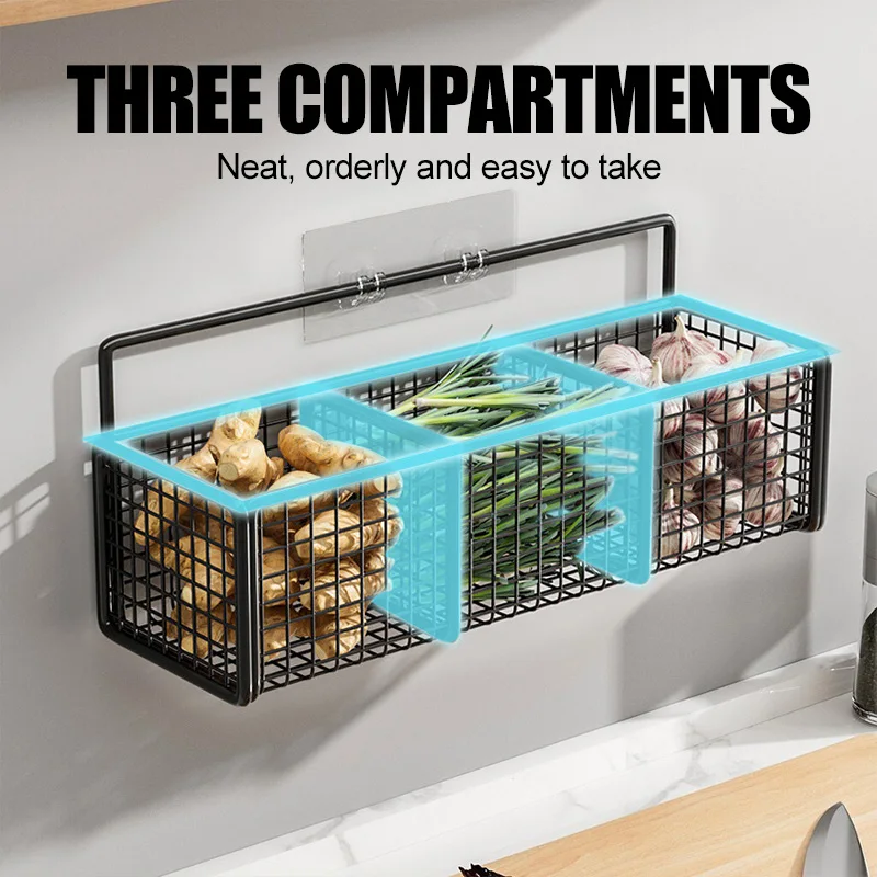 Kitchen Ginger Garlic Separation Storage Basket Free Punch Hanging Rack Carbon steel Seasoning Rack Storage Basket With Hook