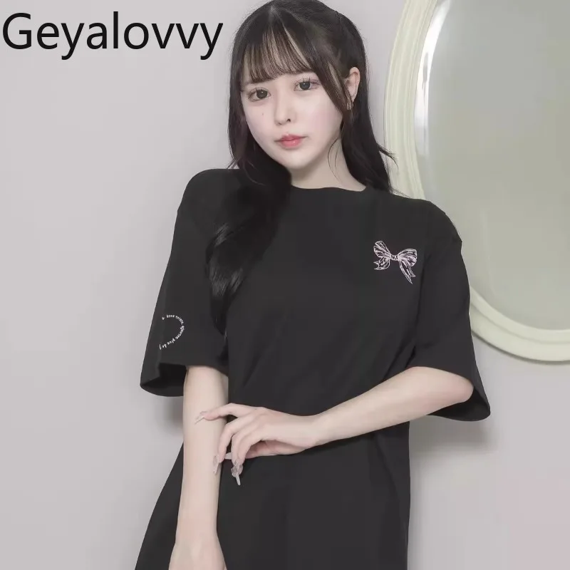 

Japanese Summer New Sweet and Cute Girls Printed Short-sleeved T-shirt Student Round Neck Loose Oversize Mid-length Tops