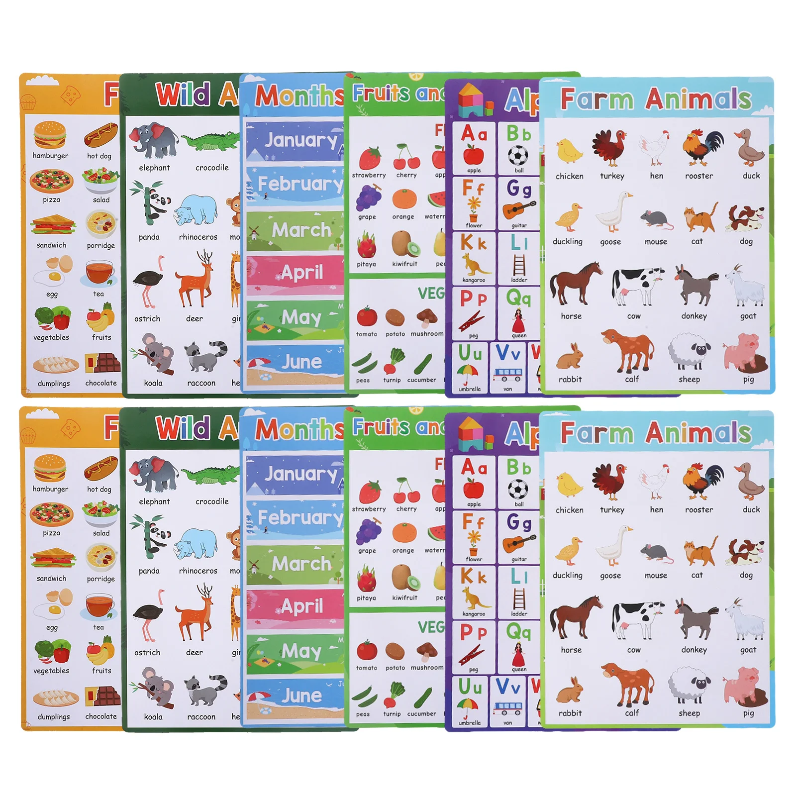 

12pcs Educational Posters Alphabet Animal Fruits Months Learning Charts Preschool Classroom Decor - Early Cognitive