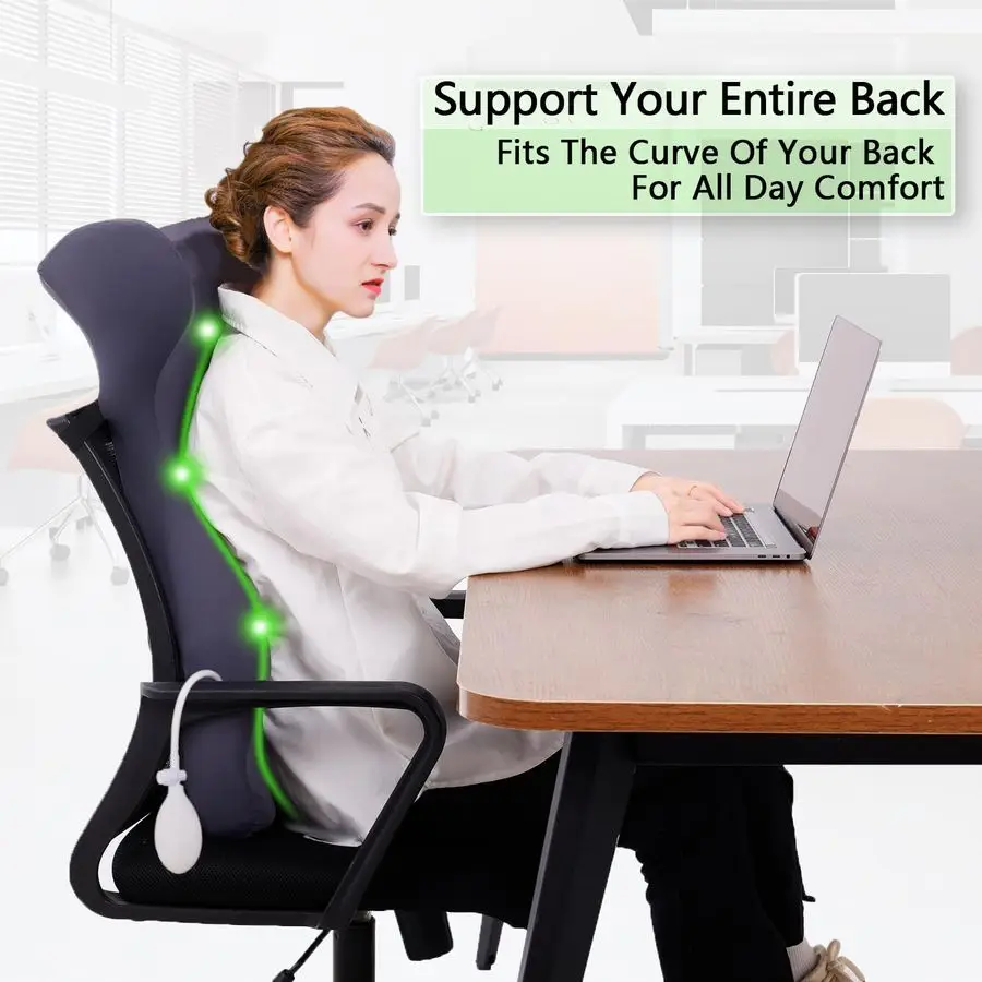 Almohada de apoyo Lumbar larga para silla de oficina con bolsa de aire, almohada de soporte de espalda de espuma viscoelástica para aliviar el dolor de espalda baja Ba