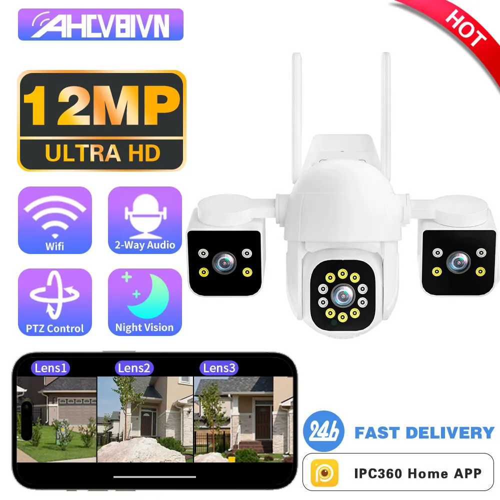 

6K 12MP 3 Lens 3 Screens WiFi Outdoor Camera Ai Motion Tracking PTZ 4K Video Camera Security surveillance Camera IPC360 Home