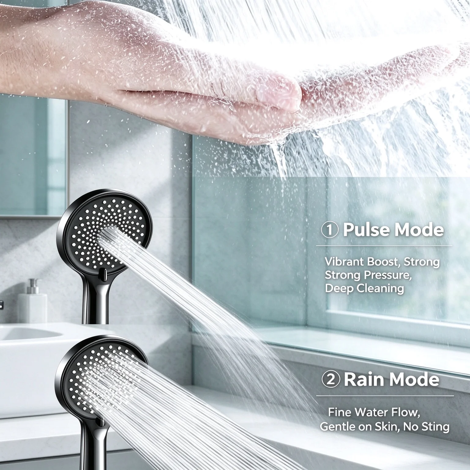3 Modes High Pressure Handheld Showerhead Large Nozzle Even Water Flow Adjustable Switch with 2M Hose and Wall Bracket Household