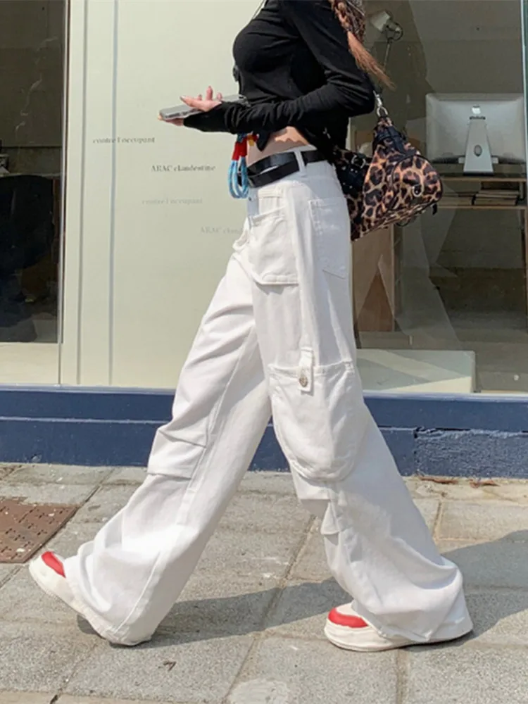 2024 Ropa Y2K Streetwear Wine Red Multi Pockets Baggy Jeans pants For Women Clothes Wide Leg Luxury Casual Lady Cotton Trousers