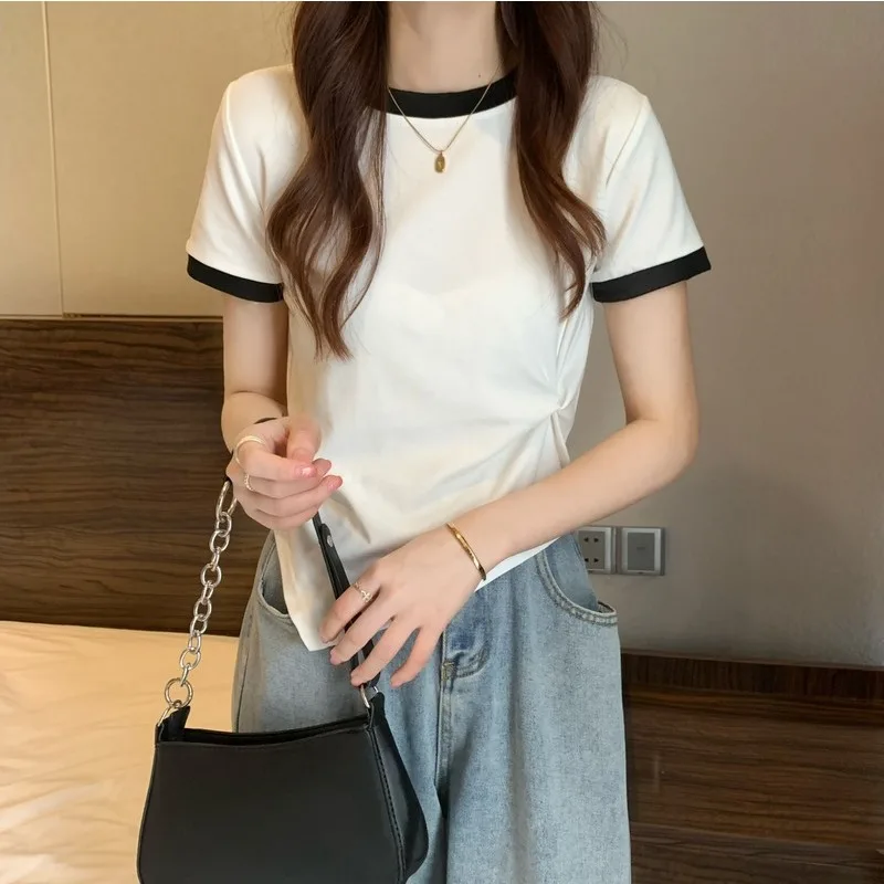 Chic T-shirts for Women Asymmetrical Design Niche Patchwork Casual Summer Short Sleeve Simple Young College All-match Ulzzang