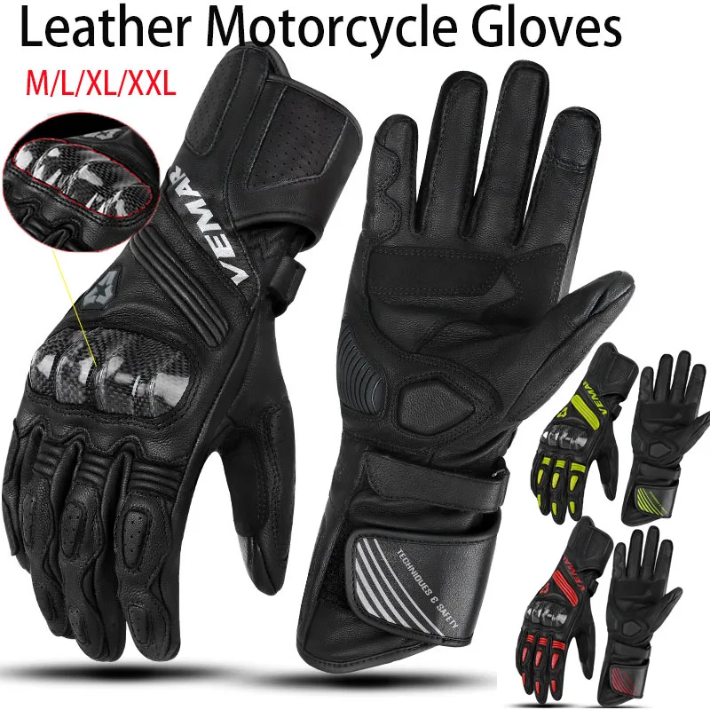 VEMAR Four Season Comfortable Genuine Leather Sheepskin Carbon Fiber Motorcycle Racing Gloves Black/Red/Fluorescent Green