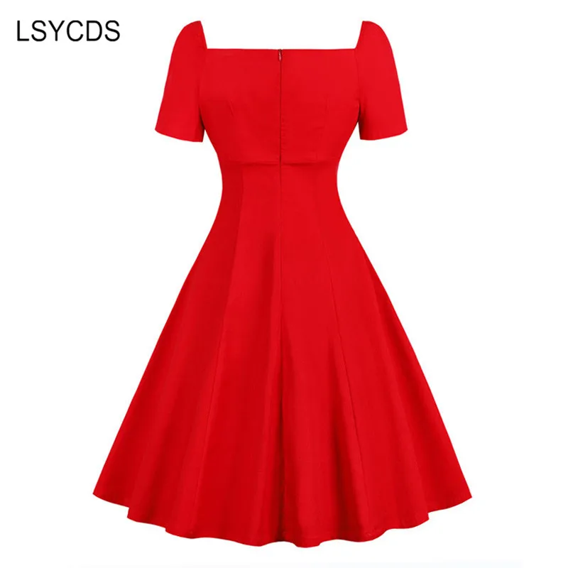 LSYCDS 2024 Autumn Winter Gothic style Red Lace Dresses Sexy Square Neck Cotton Short Sleeve  Women's Retro Dress