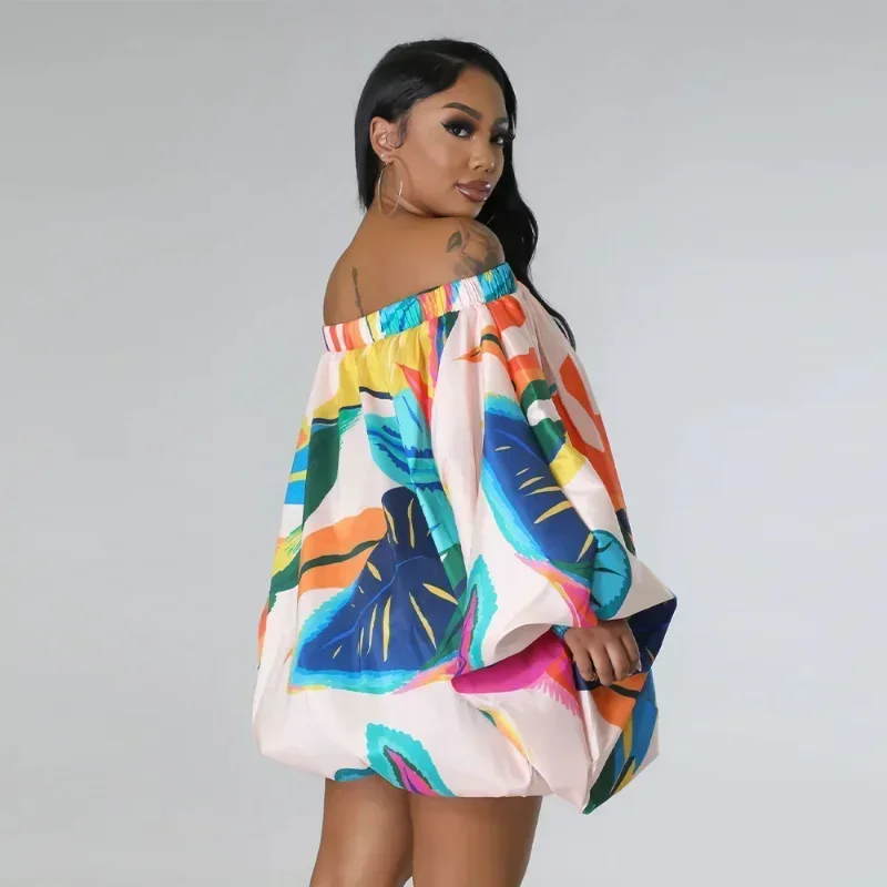 Sukienka GUWU, elastyczny dół, odkryte ramiona, dekolt typu slash neck, długi rękaw typu lampion, drukowana suknia balowa, sukienka typu smock, vintage, damska, letnia, vestidos