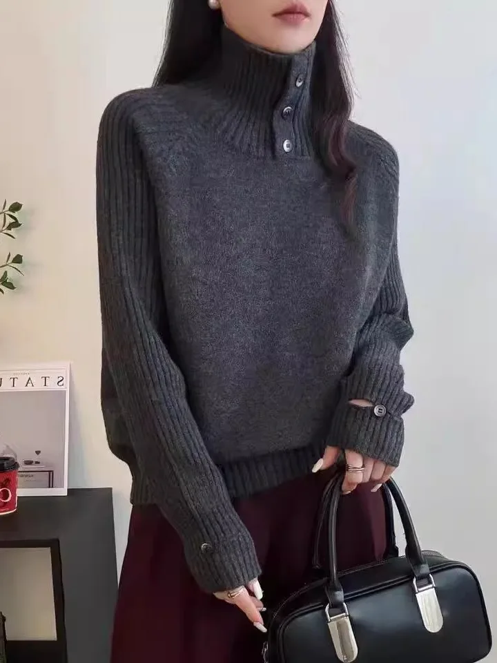 

Retro Color High Collar Sweater Women's Overhead Loose Warm Design Long Sve Knitted Top Fall Winter New Sle